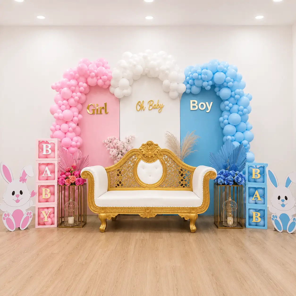 Baby shower decoration with balloon arch and themed backdrop